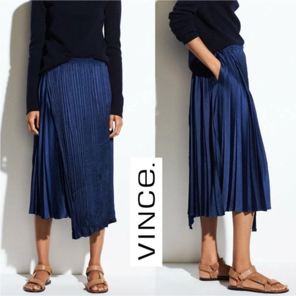 Vince Satin Mixed-Pleat Asymmetric Midi Skirt Blue with Pockets Size XXS